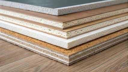 A closeup shot of flooring materials stacked neatly showing various layers of foam and wood that comprise the sprung floor system emphasizing the technical aspects of the