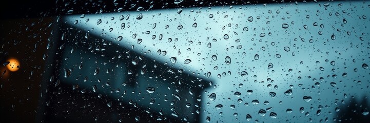 Raindrops on windowpane with a calm mood representing a rainy day against a blurred house background