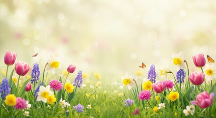 Spring Meadow Flowers Tulips Daffodils Butterflies