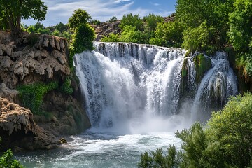 Fototapeta premium A thunderous waterfall cascading over rocky cliffs surrounded by lush vegetation.