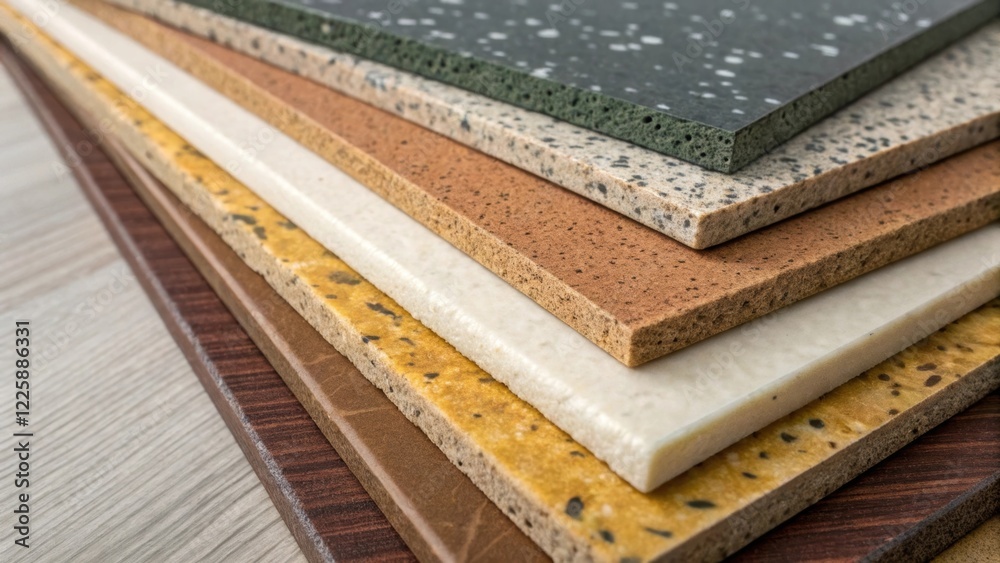 Aufkleber A detail shot capturing the textures of layered acoustic materials that will be used emphasizing their unique patterns and colors hinting at the aesthetic considerations of library