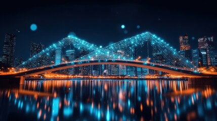 Fototapeta premium Futuristic cityscape with illuminated bridge featuring a network of glowing lights, reflecting in the water below at night, creating a captivating urban scene