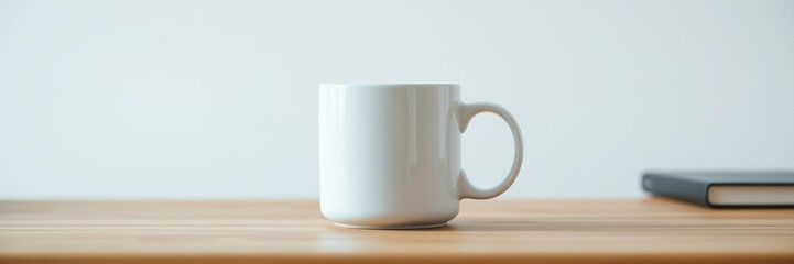 Simple white mug with serene mood on wooden surface against minimalist background