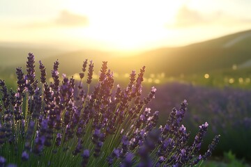 Fototapeta premium A tranquil dawn breaking over a rolling lavender field, with dew on the blossoms.