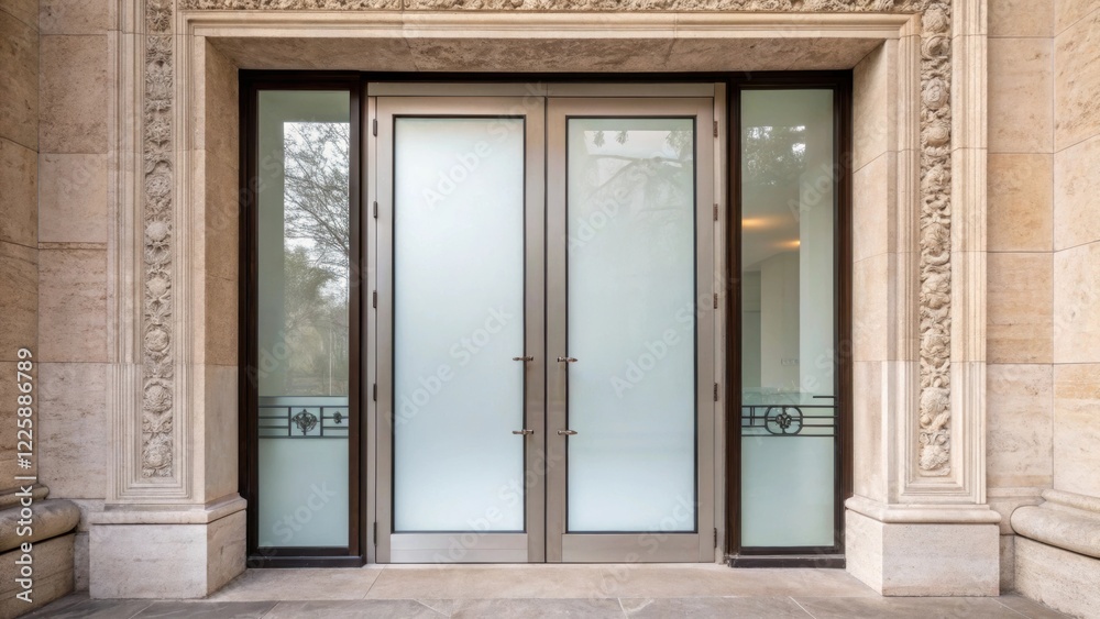 Poster a medium closeup featuring a pair of glass double doors with a minimalist design surrounded by elega