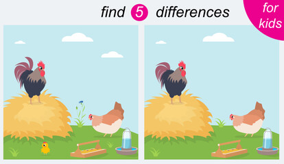 Logic puzzle game for kids. You need to find 5 differences. Farm. A rooster and a hen are standing on a green lawn.