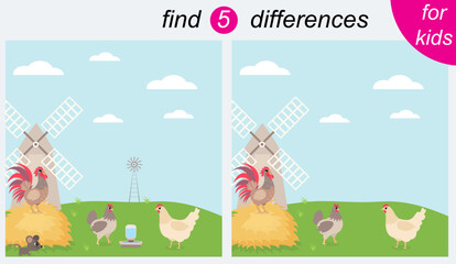 Fototapeta premium Logic puzzle game for kids. You need to find 5 differences. Farm. Rooster, hens and a mill.