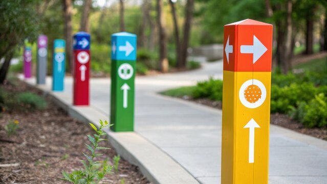 A medium closeup focusing on colorful wayfinding markers made from recycled materials guiding walkers along the enhanced urban trail.