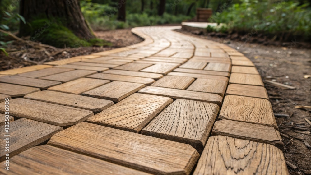 Poster a medium closeup image featuring an ecofriendly trail surface composed of interlocking wooden tiles 