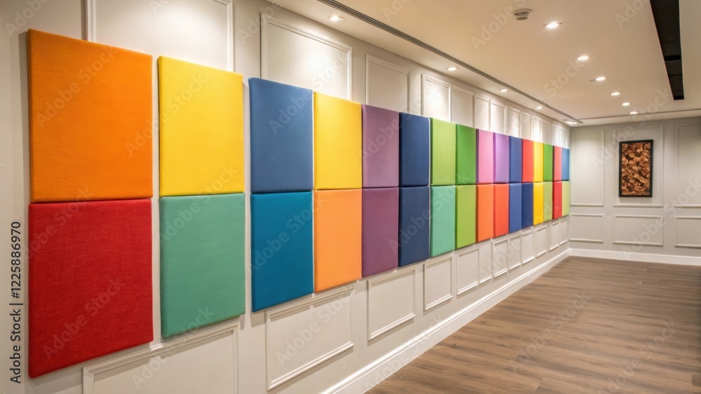 Poster A medium closeup image showing an array of colorful soundproof panels arranged on a freshly painted wall highlighting the contrast between vibrant hues and the neutral room tone.