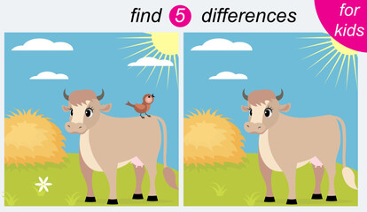 Obraz premium Logic puzzle game for kids. You need to find 5 differences. Farm. Cow and hay.