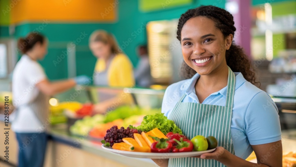 Poster a medium closeup of a cafeteria worker serving fresh organic produce on a compostable plate highligh