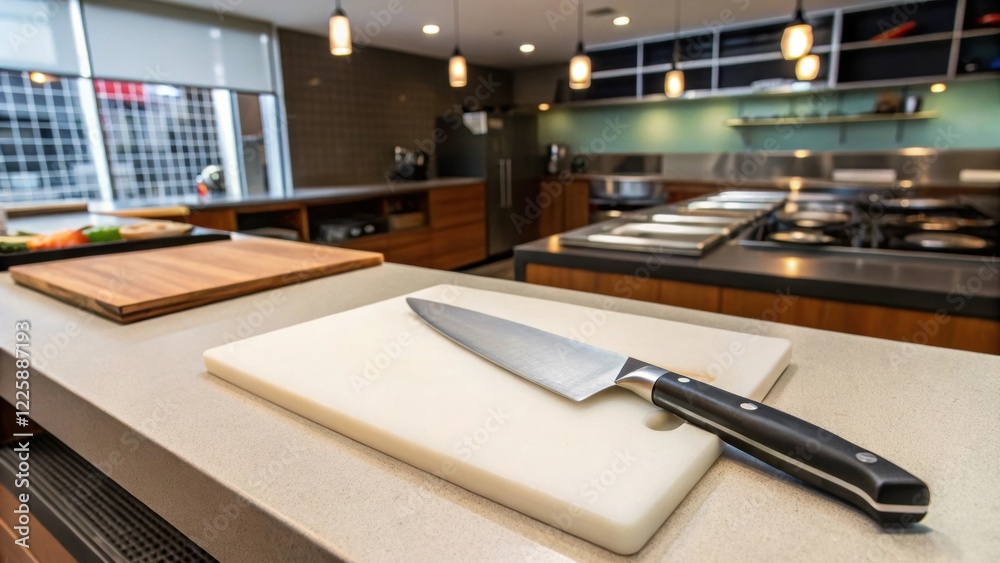 Poster a medium closeup of a chefs knife and ting board on a small kitchenette counter showcasing the renov