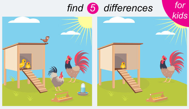 Logic puzzle game for kids. You need to find 5 differences. Farm. Hen, rooster and chicks in the hen house.
