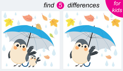 Logic puzzle game for kids. You need to find 5 differences. Autumn. A bird sits under an umbrella during leaf fall.