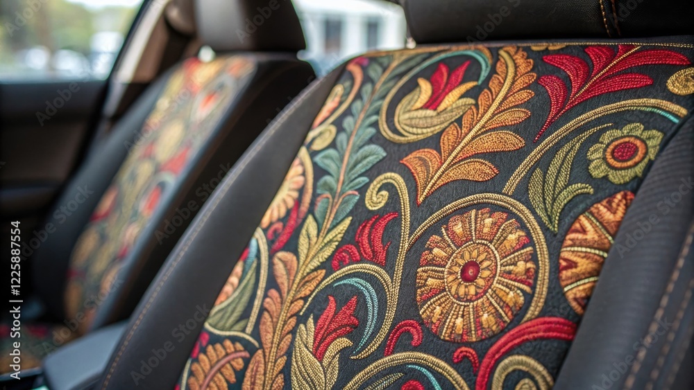 Poster A medium closeup of a decorative pattern on the new seat fabric emphasizing the artistic design choices being implemented.