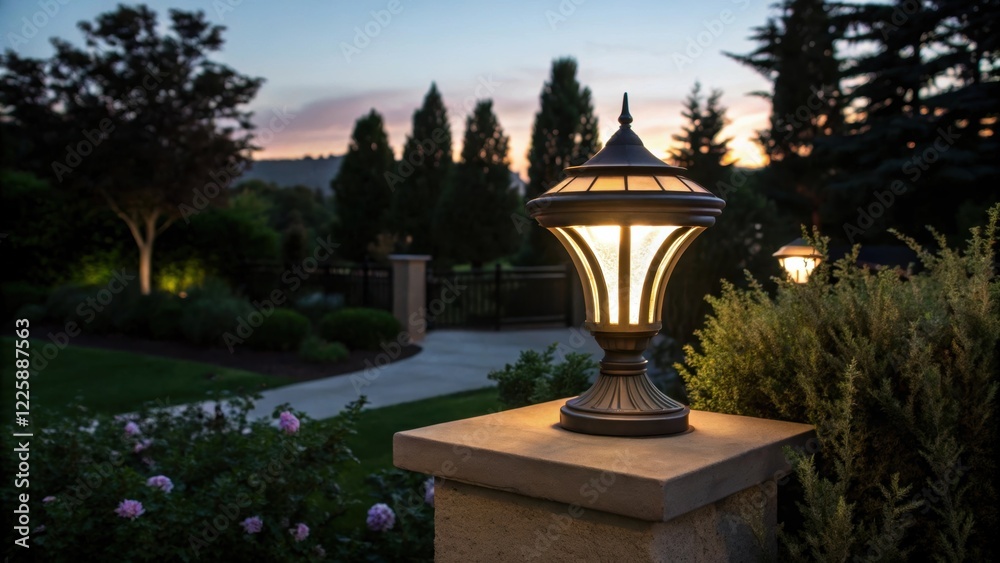 Poster a medium closeup of a decorative light fixture being tested at dusk surrounded by lush landscaping a