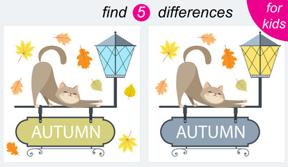 Logic puzzle game for kids. You need to find 5 differences. Autumn. A cat stretches on the Autumn sign with a lantern.