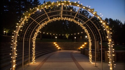 Fototapeta premium A medium closeup of a decorative arch adorned with string lights creating a festive atmosphere while softly illuminating the entrance pathway to the amphitheater.