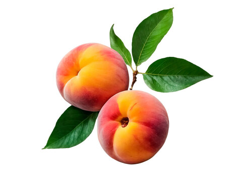Ripe peaches with green leaves isolated on transparent background