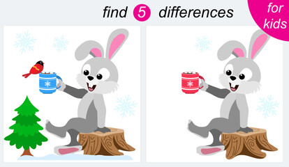Logic puzzle game for kids. You need to find 5 differences. Christmas. The hare is sitting on a stump.