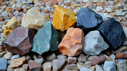 Colorful stones on gravel background; construction, landscaping