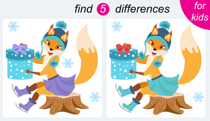 Logic puzzle game for kids. You need to find 5 differences. Christmas. A fox with a gift is sitting on a stump.