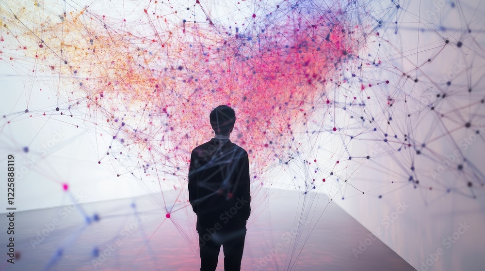 Wall mural Person gazes at colored network graphic displayed.