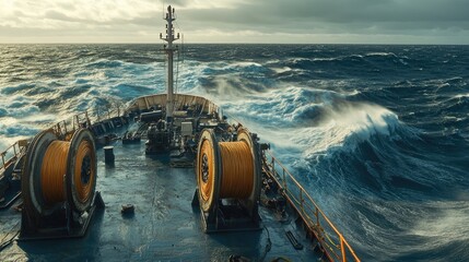 A ship equipped with massive spooling equipment on deck navigates the open ocean. The machinery is in focus, while the waves and sea create a dynamic background scene