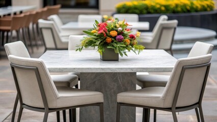 A medium closeup of a of stylish weatherproof chairs arranged around a sleek stone table with a blooming floral arrangement in center.