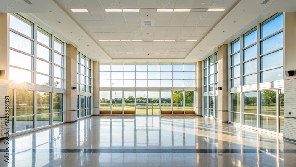 Poster a medium closeup of a public buildings interior focusing on the bright welllit space created by the 