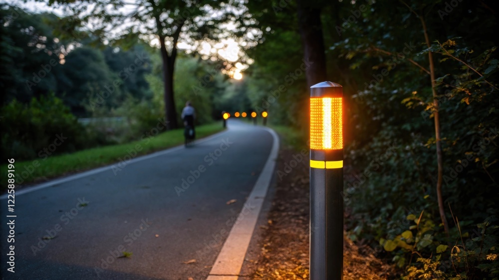Poster A medium closeup of a reflective marker that is illuminated by bike headlights in the evening creating a glowing pathway that guides riders safely.