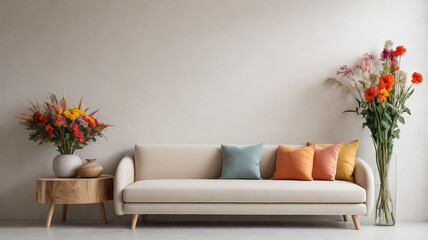 Sofa in living room decorated with colorful cushions and table with flowers in vase