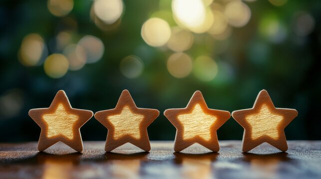 Hand touching and giving five yellow stars indicates the highest level of customer satisfaction and evaluation for a high-quality product and service.
