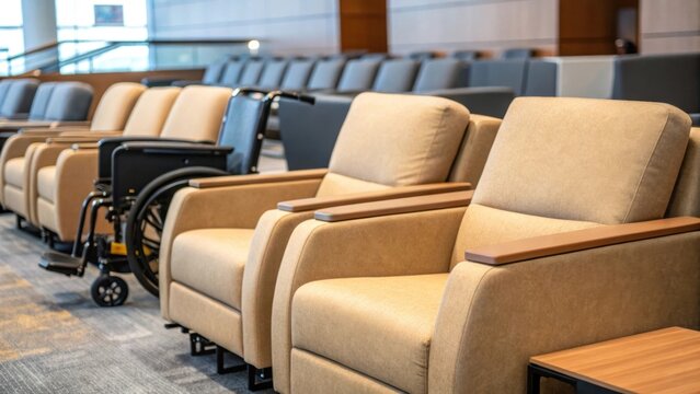 A medium closeup of a soft seating area with different spacing to accommodate people with various mobility aids created to foster comfort and accessibility.