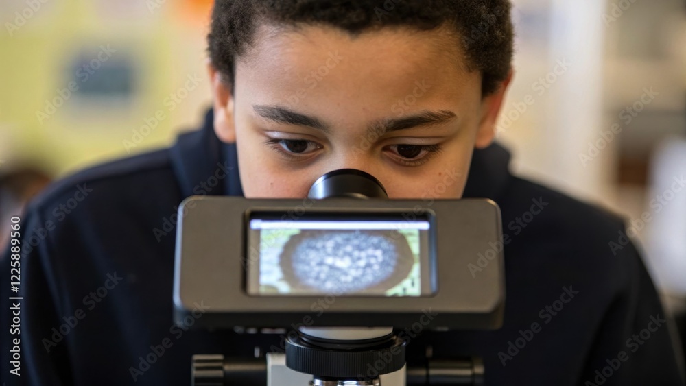 Poster a medium closeup of a student using a digital microscope to examine a specimen their face illuminate