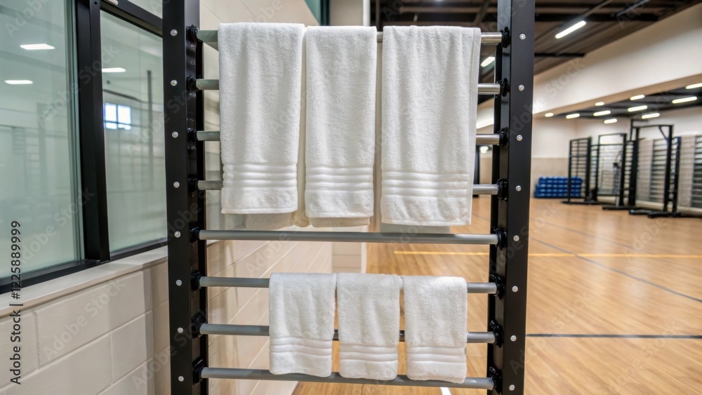 Poster A medium closeup of a wallmounted drying rack for towels with freshly laundered towels hanging neatly creating an organized and inviting space for gymgoers.