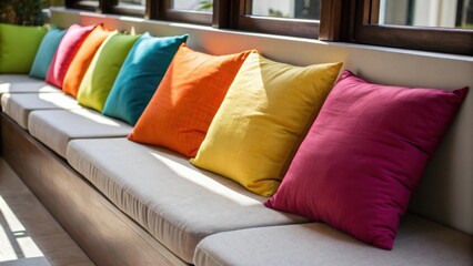 A medium closeup of colorful pillows arranged on a bench depicting a cozy and inviting seating arrangement that encourages relaxation a passengers.