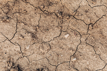 Dry cracked earth texture showing severe drought, a consequence of climate change and global warming, with deep cracks forming intricate patterns on the parched surface