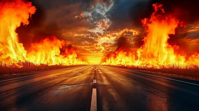 Majestic sunset over a road with wildfires raging in the background, illuminating the sky with vibrant colors