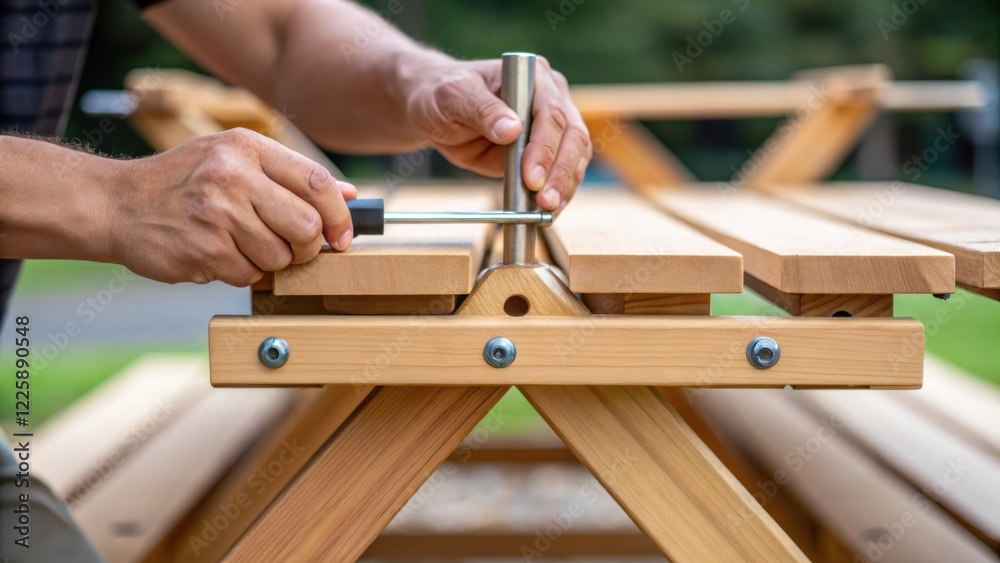 Poster a medium closeup of hands assembling a new picnic table showcasing the sy wood components and the pr