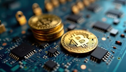 Close-up view of golden bitcoin coins placed on blue circuit board. Cryptocurrency, tech integration. Secure digital payment process. Modern financial system. Concept of online transaction.