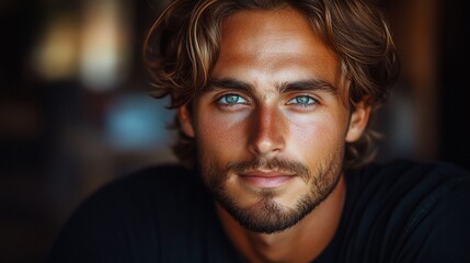 Obraz premium Close-up portrait of a handsome man with blue eyes and wavy hair.