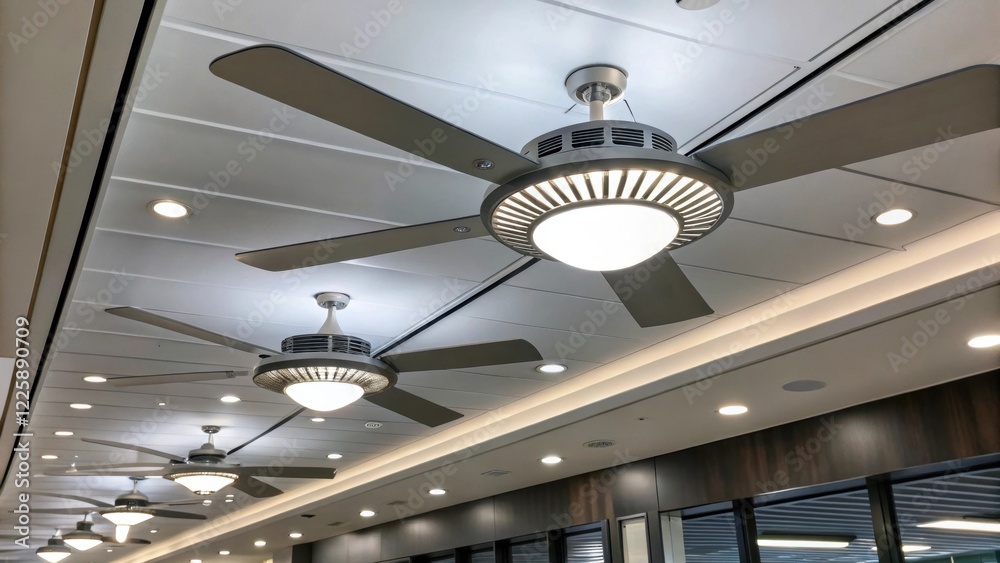 Aufkleber A medium closeup of newly installed highefficiency fans on the ceiling with soft white light illuminating their modern design suggesting a commitment to energy efficiency in the