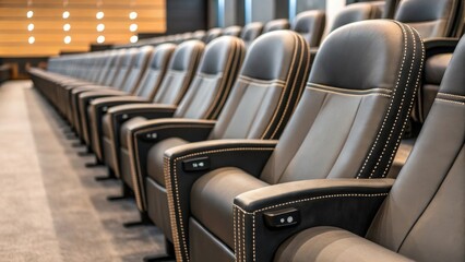 A medium closeup of new ergonomic chairs lined up in rows emphasizing their sleek design and comfort with subtle stitching details visible.