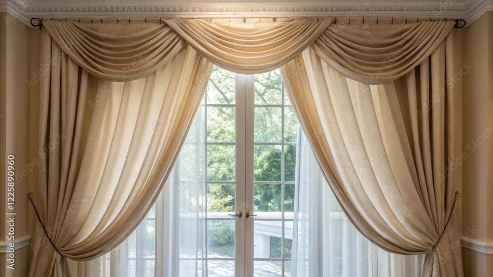 Poster a medium closeup of tasteful window treatments filtering natural light with soft fabric drapes that 