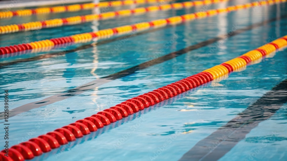 Poster A medium closeup of swim lanes marked by bright buoyant lane dividers floating serenely creating a clear pathway for competitive swimmers.