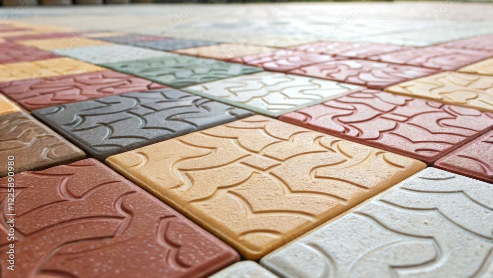 Poster a medium closeup of textured tile flooring being laid capturing the interplay of colors and patterns
