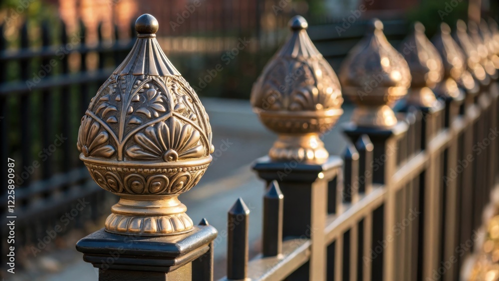 Poster a medium closeup of the decorative caps on top of fence posts featuring intricate designs gleaming i