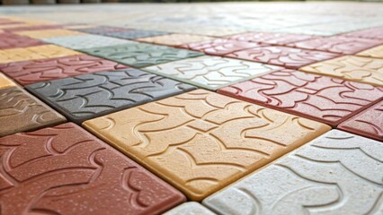 Fototapeta premium A medium closeup of textured tile flooring being laid capturing the interplay of colors and patterns that improve durability and visual appeal in hightraffic areas.